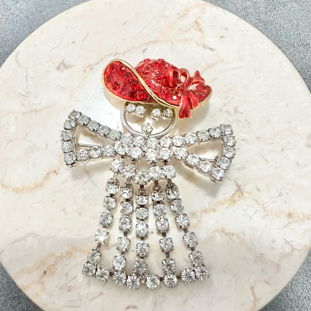 Vintage Red Hat Society Sliver Tone Rhinestone Enamel Articulated Angel Brooch
